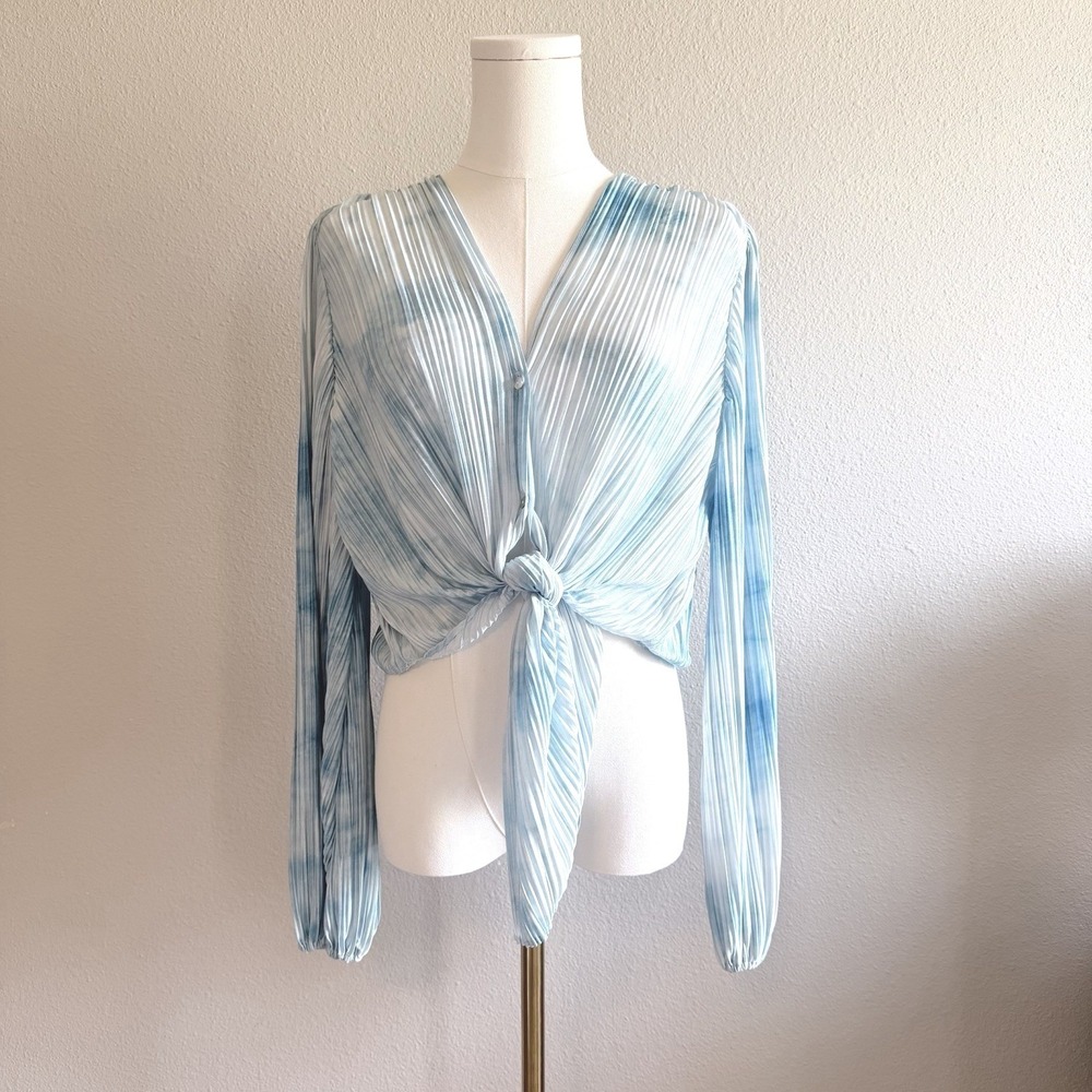 Lucy Paris Blue Tie Dye Plissé Wrap Top Button Front Boho Balloon‎ Sleeve Small
